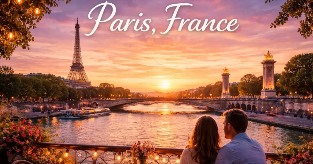 Romantic Parisian sunset by the Seine