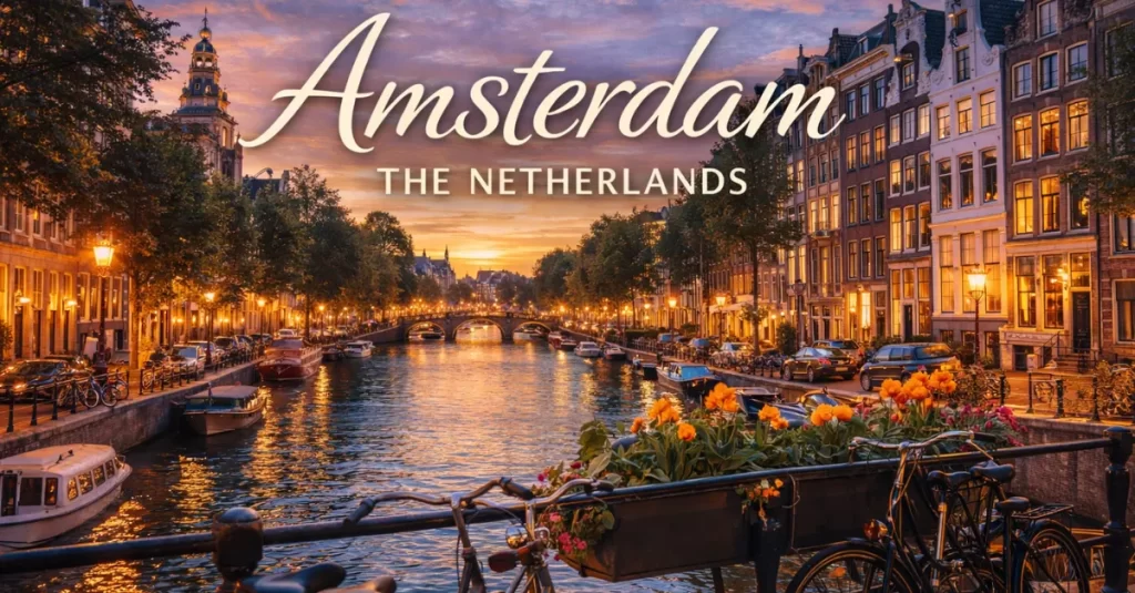 Twilight over Amsterdam's iconic canal